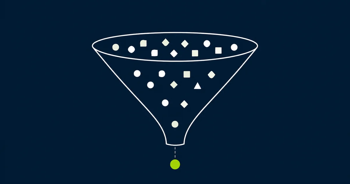 A funnel narrowing many duplicate raw events down to one deduplicated outcome