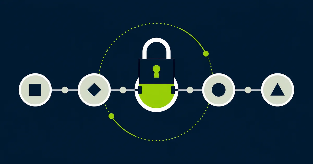A padlock clamped over one node in a chain of otherwise-editable connected nodes